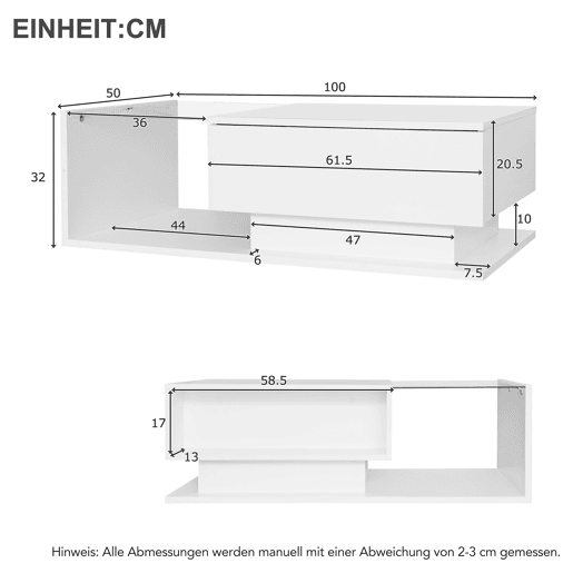 Mesa de centro 100x50x32 cm - com tampo de vidro e gavetas, resistente a riscos, com 1 gaveta, com iluminação LED, estilo moderno - Branco hochglanz