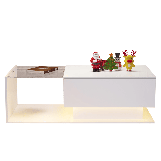 Mesa de centro 100x50x32 cm - com tampo de vidro e gavetas, resistente a riscos, com 1 gaveta, com iluminação LED, estilo moderno - Branco hochglanz