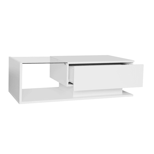 Mesa de centro 100x50x32 cm - com tampo de vidro e gavetas, resistente a riscos, com 1 gaveta, com iluminação LED, estilo moderno - Branco hochglanz