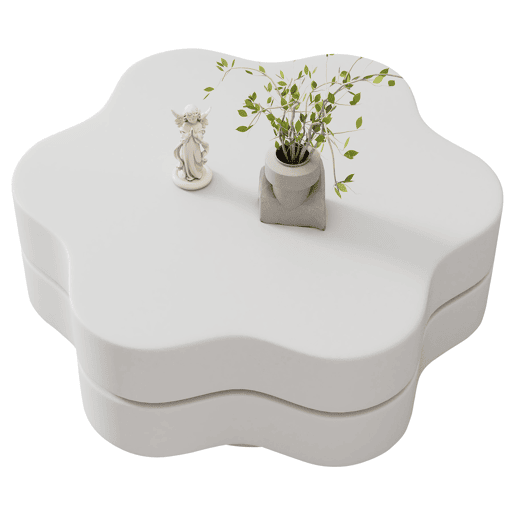 Mesa de centro 74,8 x 67,5 x 31 cm - Mesa de café em forma de flor, tampo giratório 360°, com 2 prateleiras, cor creme