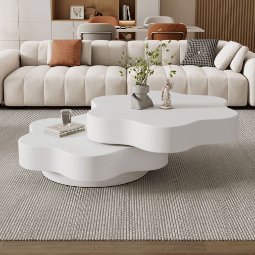 Mesa de centro 74,8 x 67,5 x 31 cm - Mesa de café em forma de flor, tampo giratório 360°, com 2 prateleiras, cor creme