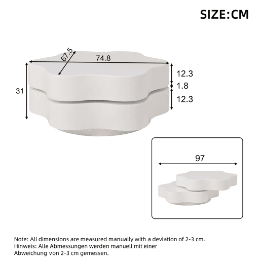 Mesa de centro 74,8 x 67,5 x 31 cm - Mesa de café em forma de flor, tampo giratório 360°, com 2 prateleiras, cor creme