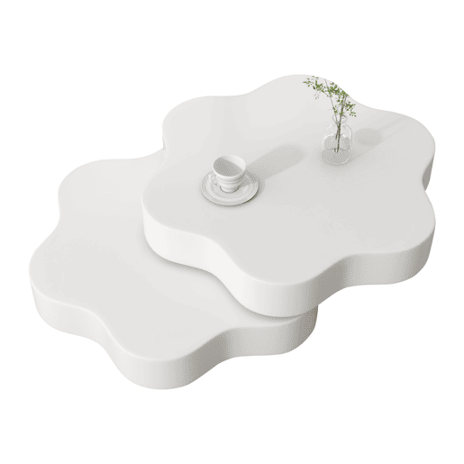 Mesa de centro 74,8 x 67,5 x 31 cm - Mesa de café em forma de flor, tampo giratório 360°, com 2 prateleiras, cor creme