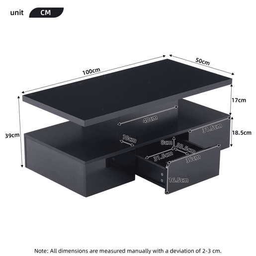 Mesa de centro LED com 2 níveis - Mesa de sala com luz LED de 16 cores, prateleira de exposição e gaveta deslizante - Preto
