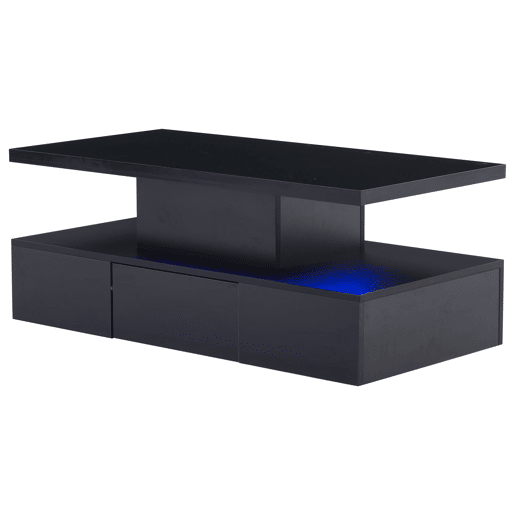 Mesa de centro LED com 2 níveis - Mesa de sala com luz LED de 16 cores, prateleira de exposição e gaveta deslizante - Preto