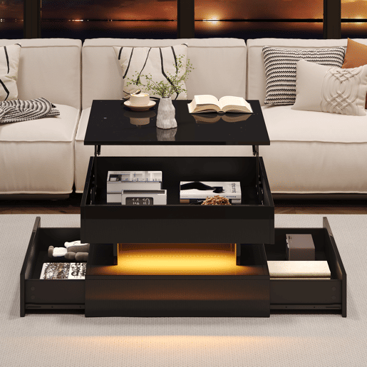 Mesa de centro 65x65x38,5 cm - Mesa de sala elevável, mesa auxiliar, mesa de café com LED, 2 gavetas, design geométrico - Preto