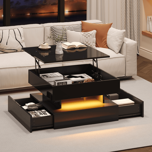 Mesa de centro 65x65x38,5 cm - Mesa de sala elevável, mesa auxiliar, mesa de café com LED, 2 gavetas, design geométrico - Preto
