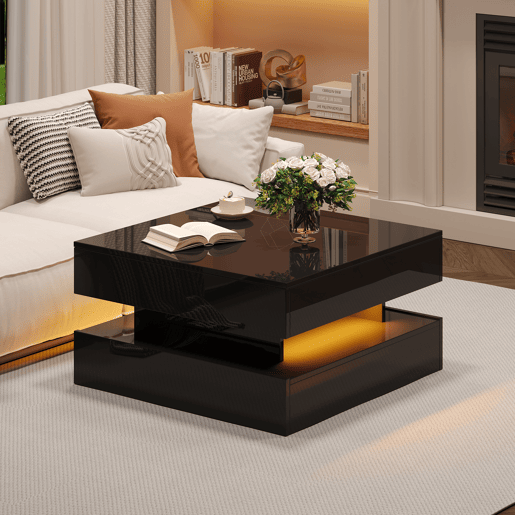 Mesa de centro 65x65x38,5 cm - Mesa de sala elevável, mesa auxiliar, mesa de café com LED, 2 gavetas, design geométrico - Preto