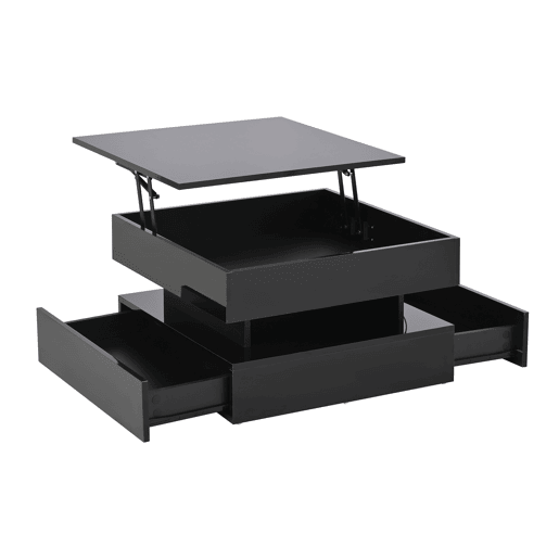 Mesa de centro 65x65x38,5 cm - Mesa de sala elevável, mesa auxiliar, mesa de café com LED, 2 gavetas, design geométrico - Preto