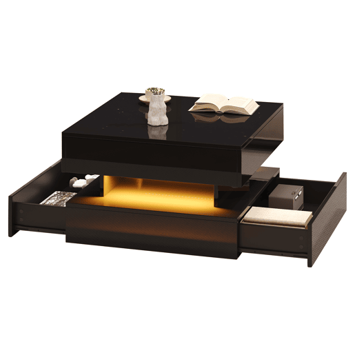 Mesa de centro 65x65x38,5 cm - Mesa de sala elevável, mesa auxiliar, mesa de café com LED, 2 gavetas, design geométrico - Preto