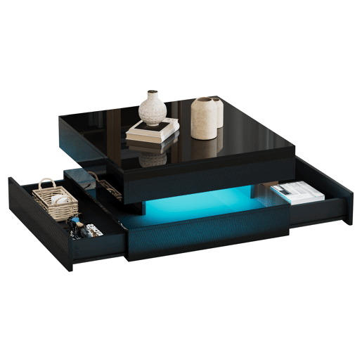 Mesa de centro 65x65x38,5 cm - Mesa de sala elevável, mesa auxiliar, mesa de café com LED, 2 gavetas, design geométrico - Preto