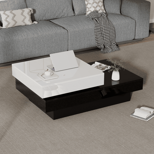 Mesa de centro giratória - Mesa moderna com superfície brilhante, mesa de dupla camada - Branco e preto