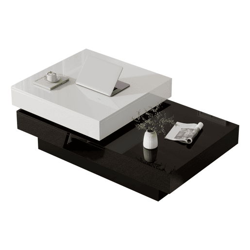 Mesa de centro giratória - Mesa moderna com superfície brilhante, mesa de dupla camada - Branco e preto