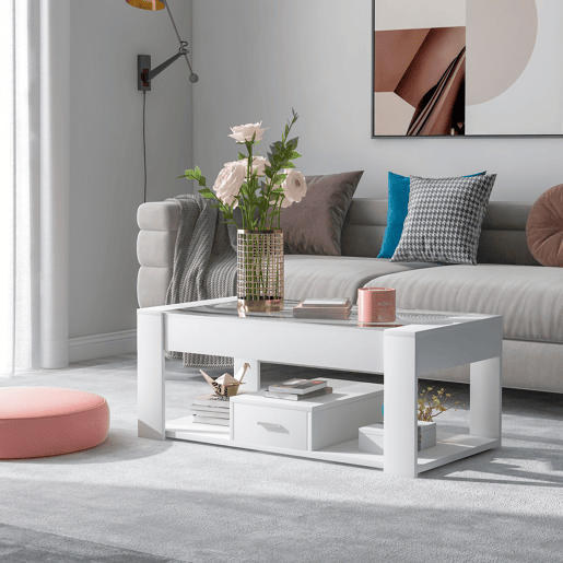 Mesa de sala 100x50x40 cm - Com superfície de vidro, compartimentos e arrumação - Branca