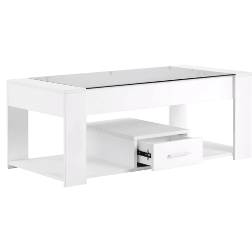 Mesa de sala 100x50x40 cm - Com superfície de vidro, compartimentos e arrumação - Branca