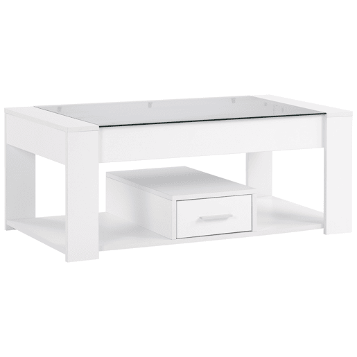 Mesa de sala 100x50x40 cm - Com superfície de vidro, compartimentos e arrumação - Branca