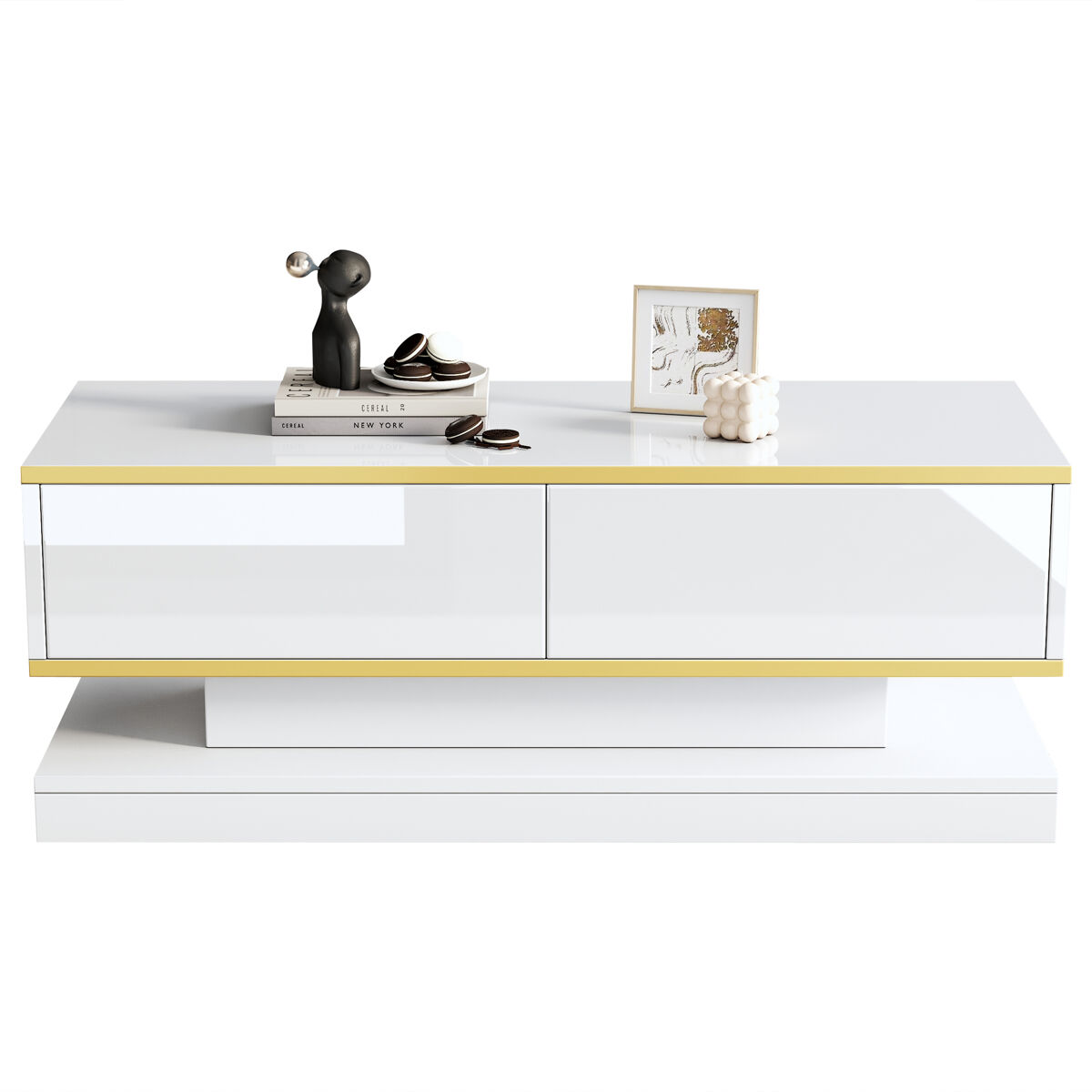 mesa de centro 100x50x38 cm - sofa con 2 grandes cajones mesa de salon unica borde dorado color blanco calido