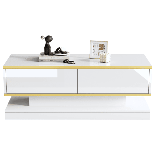 Mesa de centro 100x50x38 cm - Sofá com 2 gavetas grandes, mesa de sala única, borda dourada, cor branco quente