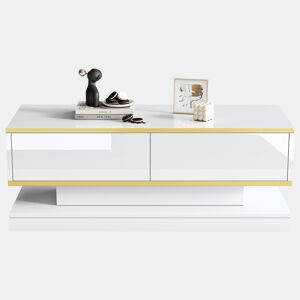 Mesa de centro 100x50x38 cm - Sofá com 2 gavetas grandes, mesa de sala única, borda dourada, cor branco quente