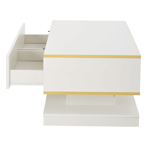 Mesa de centro 100x50x38 cm - Sofá com 2 gavetas grandes, mesa de sala única, borda dourada, cor branco quente