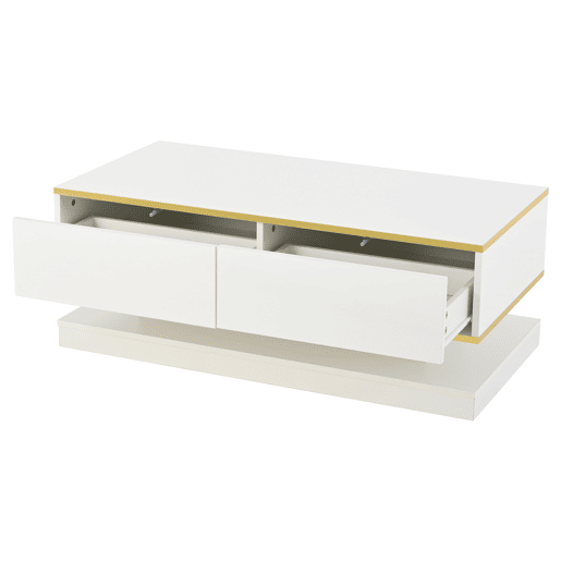 Mesa de centro 100x50x38 cm - Sofá com 2 gavetas grandes, mesa de sala única, borda dourada, cor branco quente