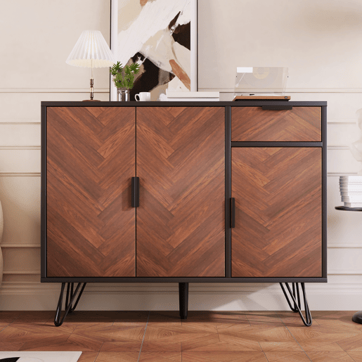 Aparador de mdf e painel de partículas com 3 portas e 1 gaveta,preto+natural