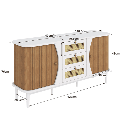 Aparador de painel de partículas com 2 portas e 3 gavetas,natural+branco Aparador de painel de partículas com 2 portas e 3 gavetas,natural+branco