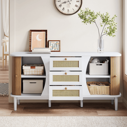 Aparador de painel de partículas com 2 portas e 3 gavetas,natural+branco Aparador de painel de partículas com 2 portas e 3 gavetas,natural+branco