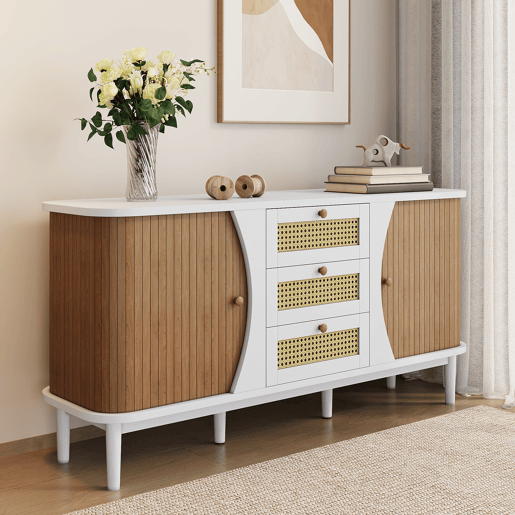 Aparador de painel de partículas com 2 portas e 3 gavetas,natural+branco Aparador de painel de partículas com 2 portas e 3 gavetas,natural+branco