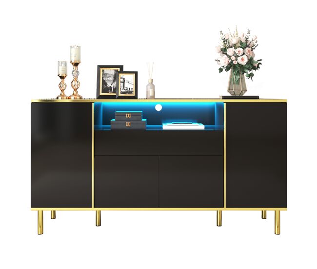 Aparador de mdf y panel de partículas con 4 puertas,1 cajón y luz led,negro