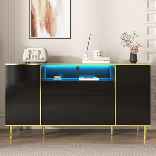 Aparador de mdf e painel de partículas com 4 portas,1 gaveta e luz led,preto