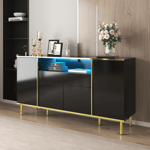 Aparador de mdf e painel de partículas com 4 portas,1 gaveta e luz led,preto