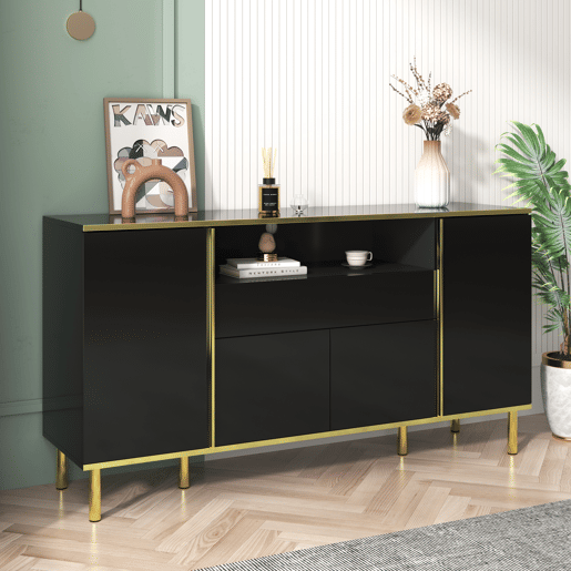Aparador de mdf e painel de partículas com 4 portas,1 gaveta e luz led,preto