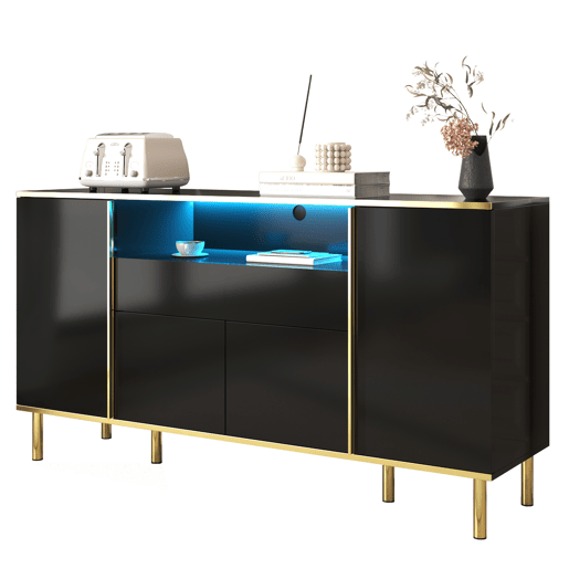 Aparador de mdf e painel de partículas com 4 portas,1 gaveta e luz led,preto