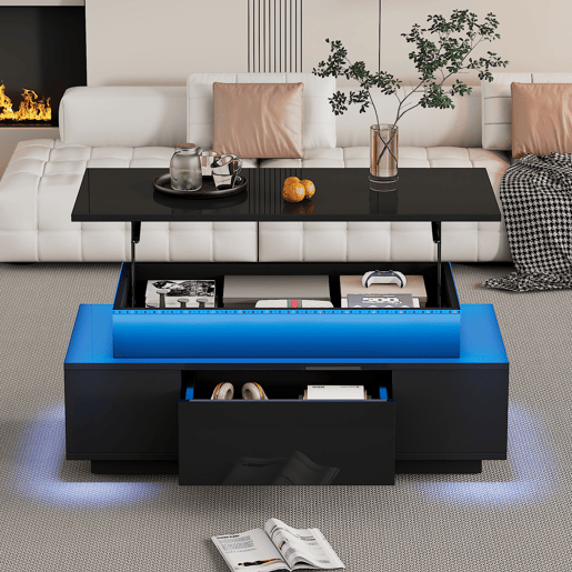 Mesa de centro 96x45x40 cm - Mesa de café elevável com arrumação oculta e gaveta - Preto Mesa de centro 96x45x40 cm - Mesa de café elevável com arrumação oculta e gaveta - Preto