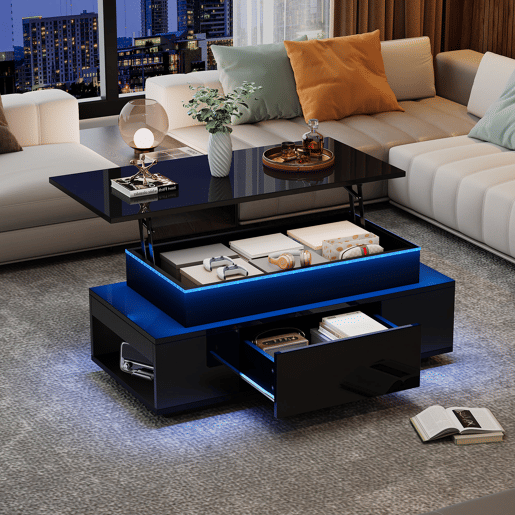 Mesa de centro 96x45x40 cm - Mesa de café elevável com arrumação oculta e gaveta - Preto Mesa de centro 96x45x40 cm - Mesa de café elevável com arrumação oculta e gaveta - Preto