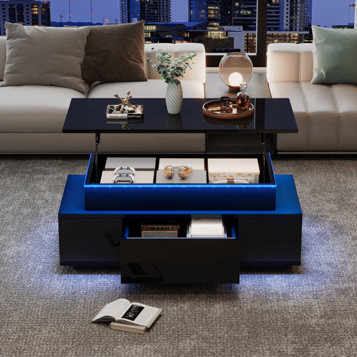 Mesa de centro 96x45x40 cm - Mesa de café elevável com arrumação oculta e gaveta - Preto Mesa de centro 96x45x40 cm - Mesa de café elevável com arrumação oculta e gaveta - Preto