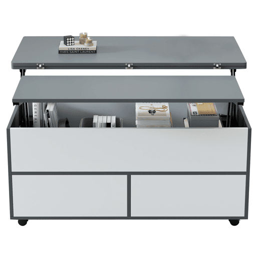 Mesa de centro 100x98x65 cm - Mesa de café elevável com arrumação oculta e prateleira, mesa multifuncional com rodas e gavetas - Cinza-branco