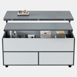 Mesa de centro 100x98x65 cm - Mesa de café elevável com arrumação oculta e prateleira, mesa multifuncional com rodas e gavetas - Cinza-branco