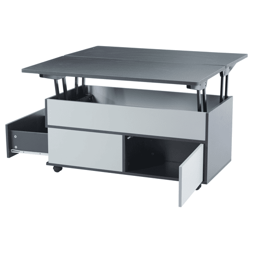 Mesa de centro 100x98x65 cm - Mesa de café elevável com arrumação oculta e prateleira, mesa multifuncional com rodas e gavetas - Cinza-branco