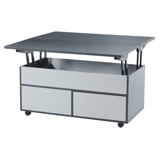 Mesa de centro 100x98x65 cm - Mesa de café elevável com arrumação oculta e prateleira, mesa multifuncional com rodas e gavetas - Cinza-branco