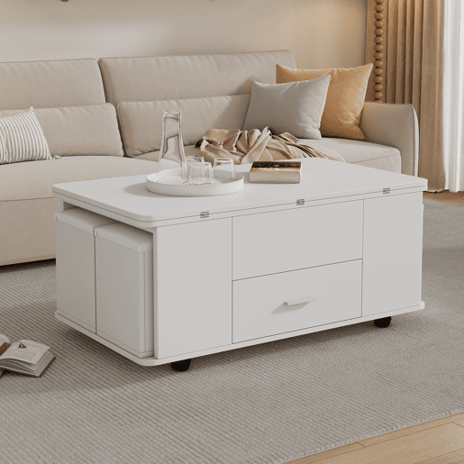 Mesa de centro elevável - Mesa de sala multifuncional 4 em 1 com 4 bancos e gavetas - Branca Mesa de centro elevável - Mesa de sala multifuncional 4 em 1 com 4 bancos e gavetas - Branca