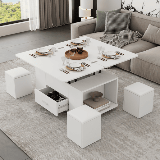 Mesa de centro elevável - Mesa de sala multifuncional 4 em 1 com 4 bancos e gavetas - Branca Mesa de centro elevável - Mesa de sala multifuncional 4 em 1 com 4 bancos e gavetas - Branca