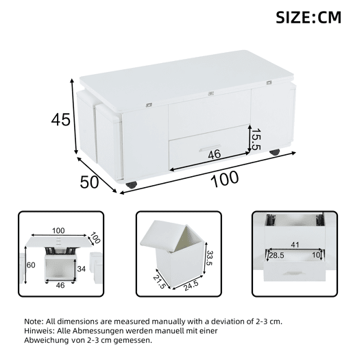 Mesa de centro elevável - Mesa de sala multifuncional 4 em 1 com 4 bancos e gavetas - Branca Mesa de centro elevável - Mesa de sala multifuncional 4 em 1 com 4 bancos e gavetas - Branca