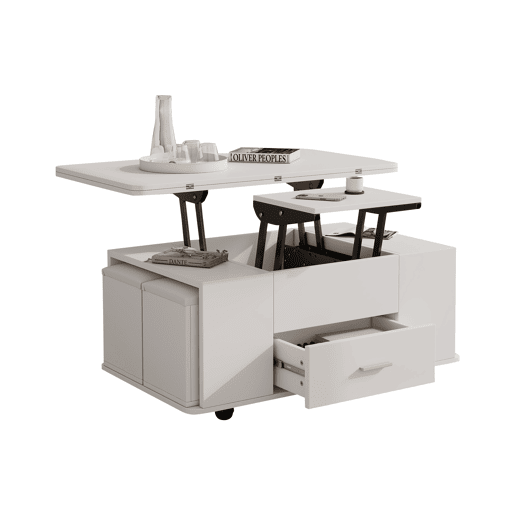 Mesa de centro elevável - Mesa de sala multifuncional 4 em 1 com 4 bancos e gavetas - Branca Mesa de centro elevável - Mesa de sala multifuncional 4 em 1 com 4 bancos e gavetas - Branca