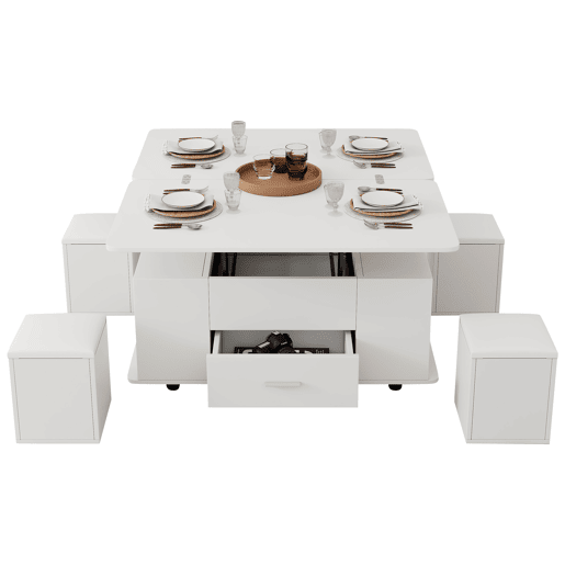 Mesa de centro elevável - Mesa de sala multifuncional 4 em 1 com 4 bancos e gavetas - Branca Mesa de centro elevável - Mesa de sala multifuncional 4 em 1 com 4 bancos e gavetas - Branca