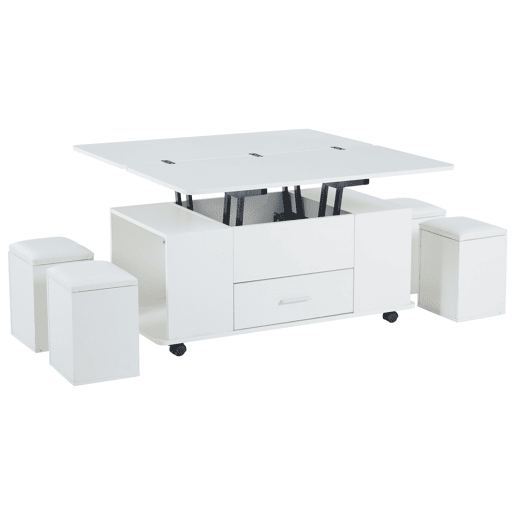 Mesa de centro elevável - Mesa de sala multifuncional 4 em 1 com 4 bancos e gavetas - Branca Mesa de centro elevável - Mesa de sala multifuncional 4 em 1 com 4 bancos e gavetas - Branca