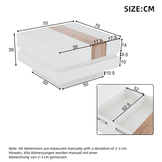 Mesa auxiliar 70x70x39 cm - Mesa de centro com tampo extensível, arrumação oculta, branca + cor principal