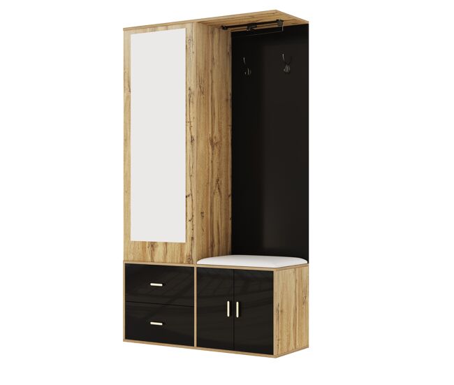 Mueble recibidor de panel de partículas con zapatero y espejo,natural+negro