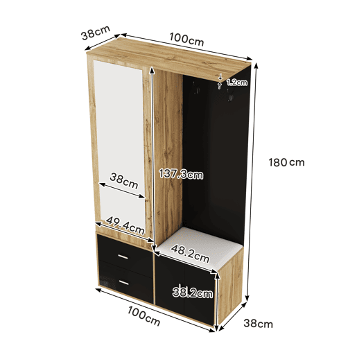 Móvel de entrada de painel de partículas com sapateira e espelho,natural+preto